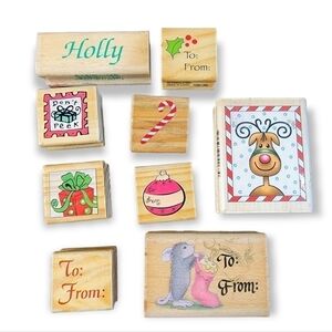 Lot of Christmas Theme Wooden Block Rubber Stamps Crafting Stamping Gift tags